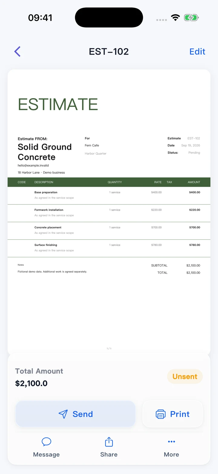 Pocket Invoice — Estimates and quotes