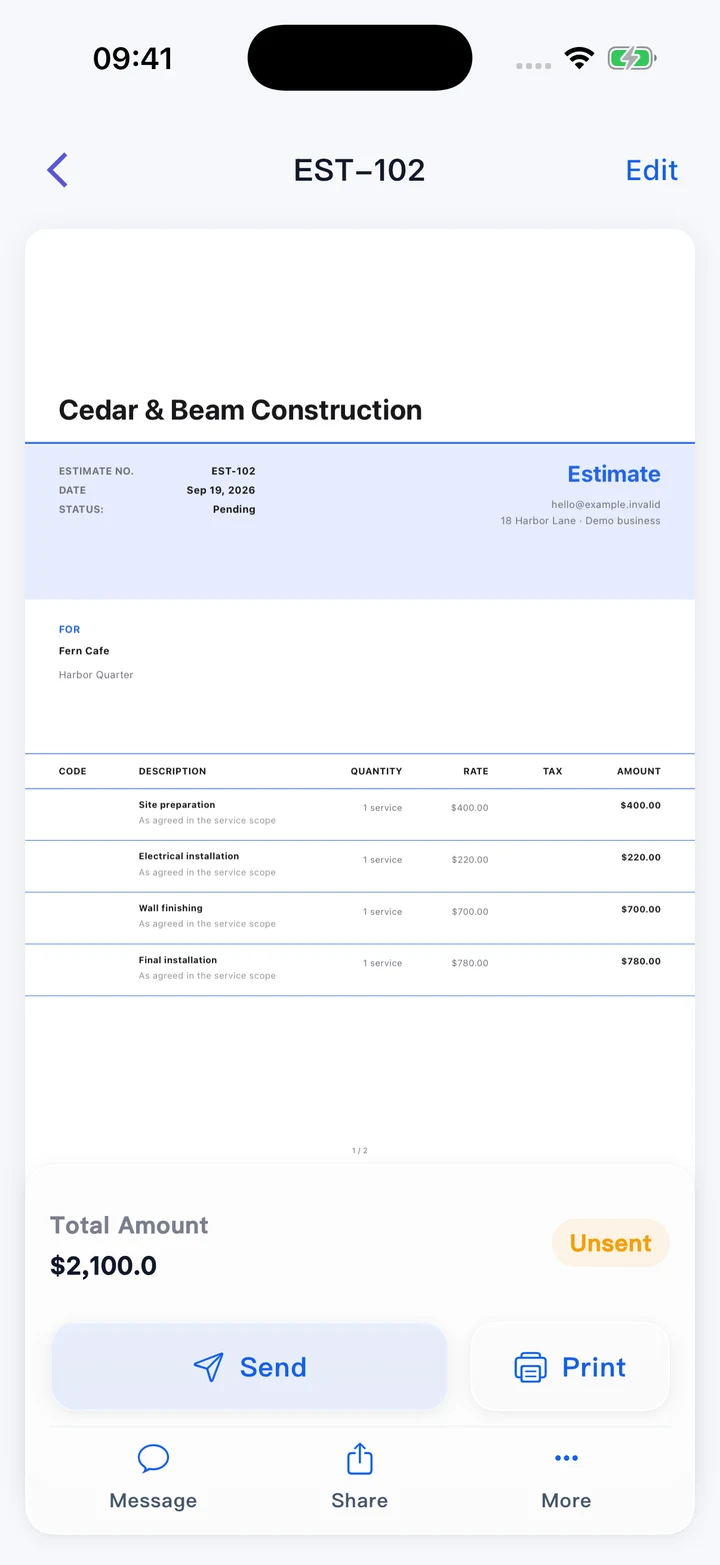 Pocket Invoice — Estimates and quotes