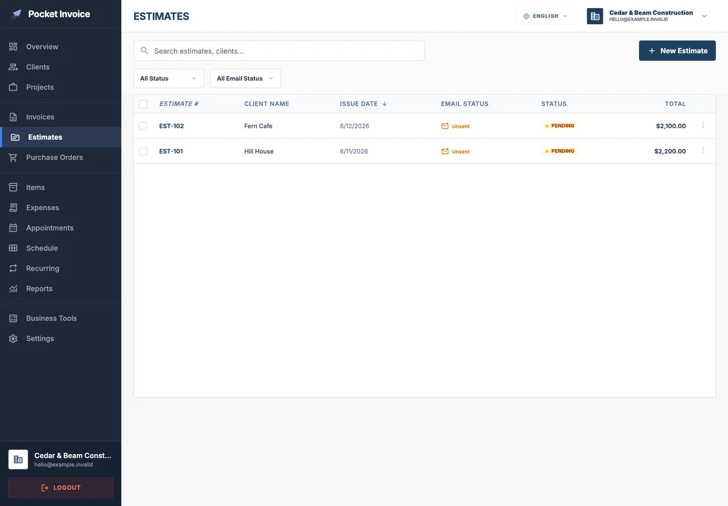 Pocket Invoice — Estimates and quotes