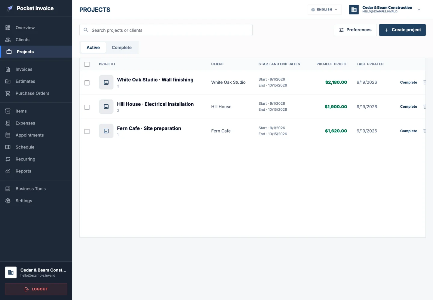 Pocket Invoice — Project records — Web