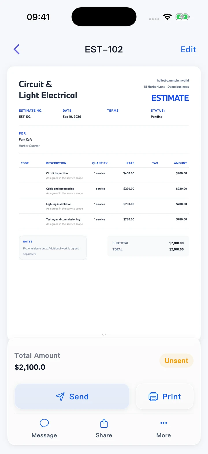 Pocket Invoice — Estimates and quotes