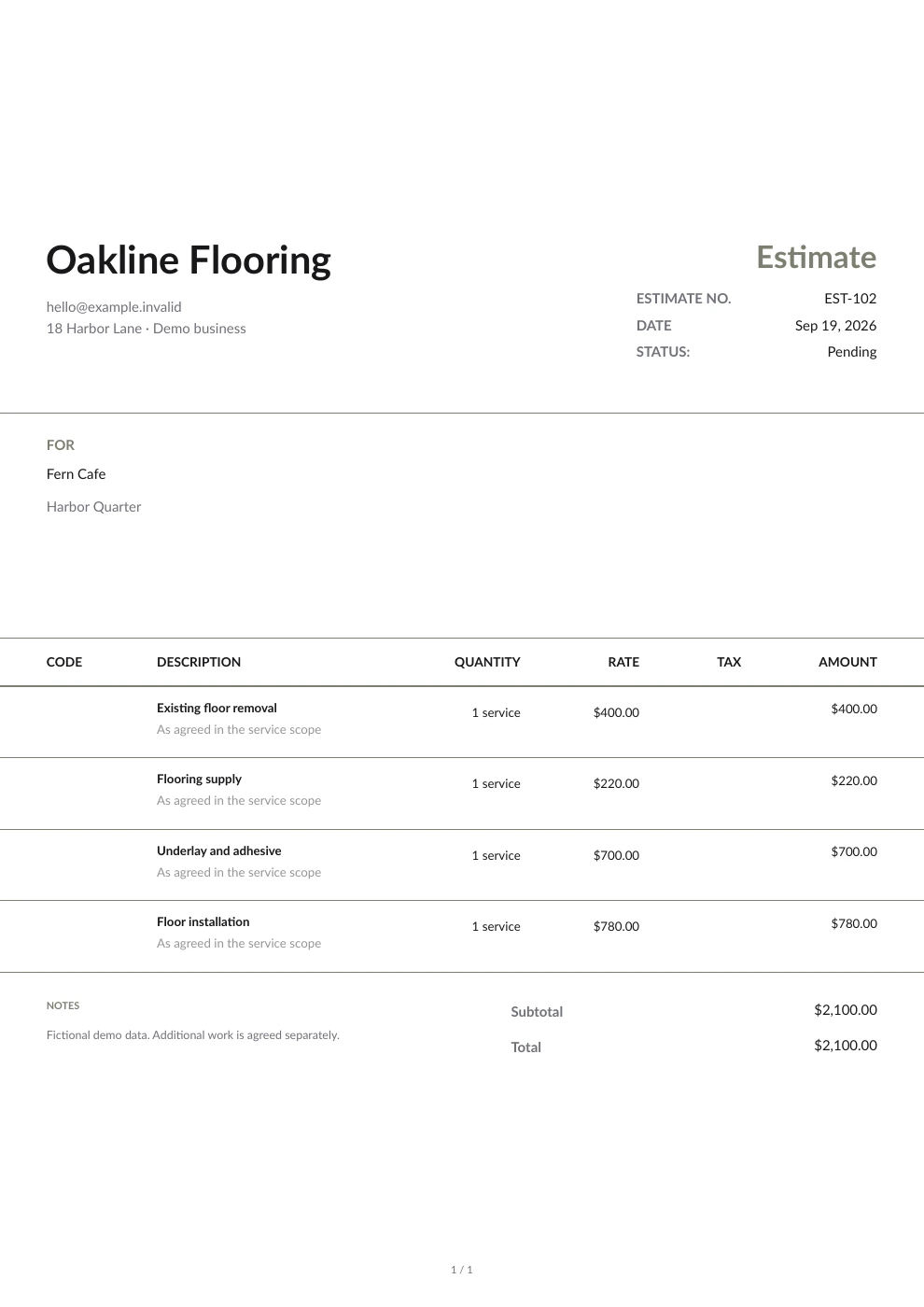 An estimate showing itemized flooring work