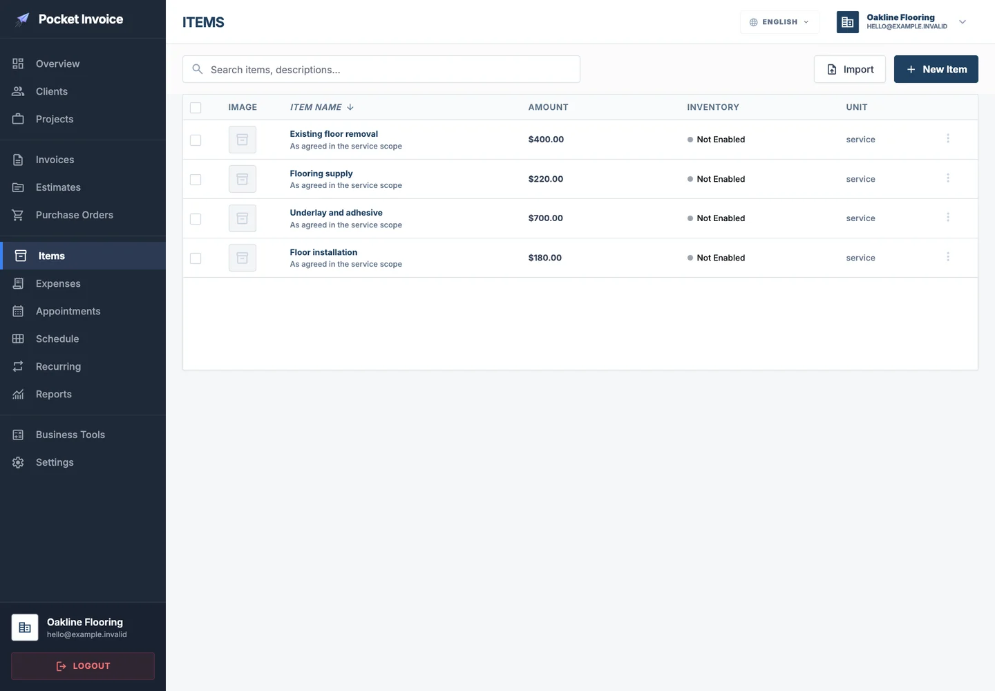 Pocket Invoice — Services and materials