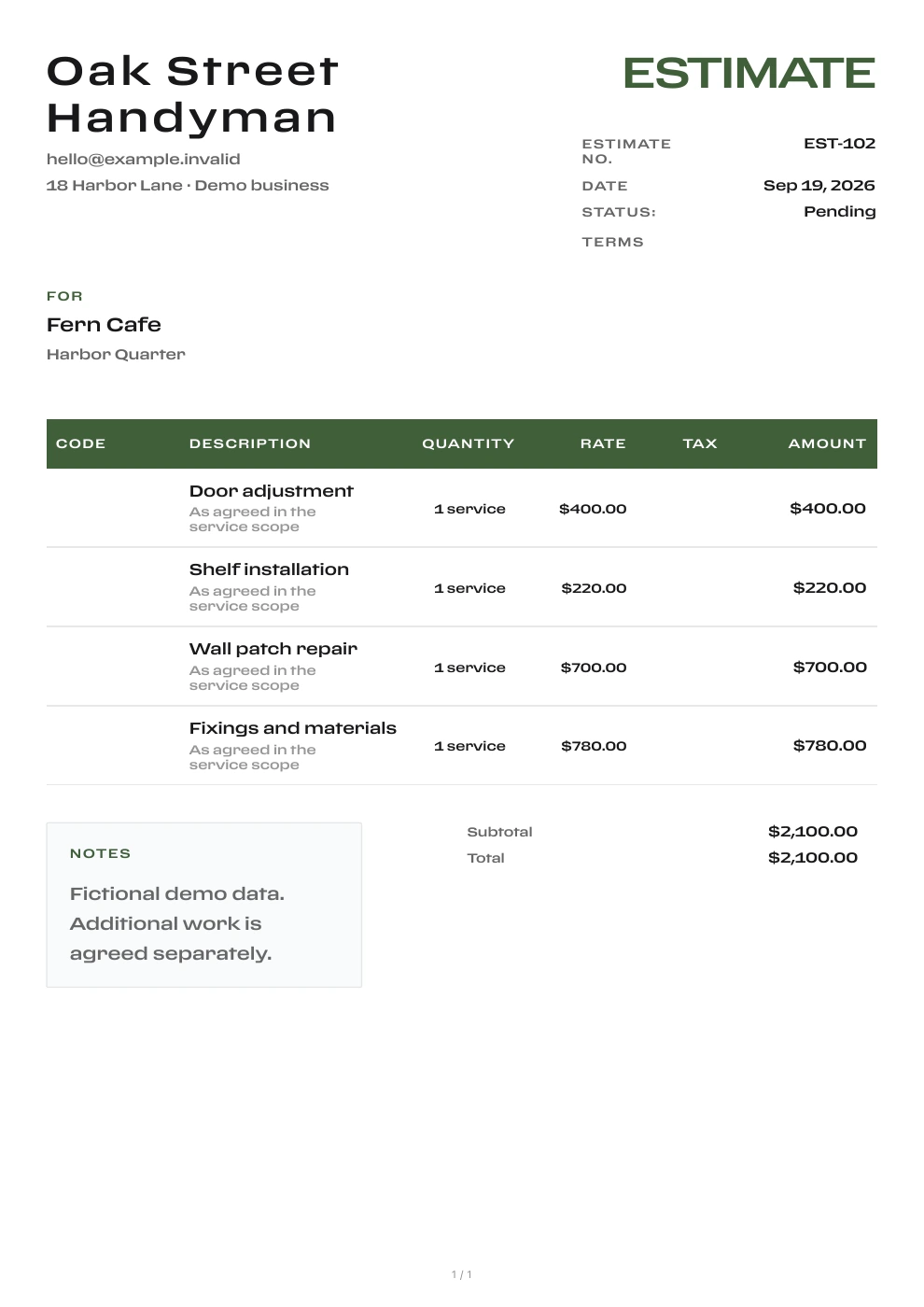Estimate with separate home repair tasks