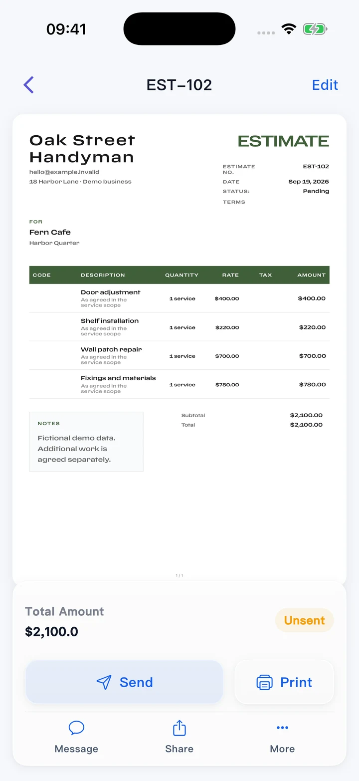 Pocket Invoice — Estimates and quotes
