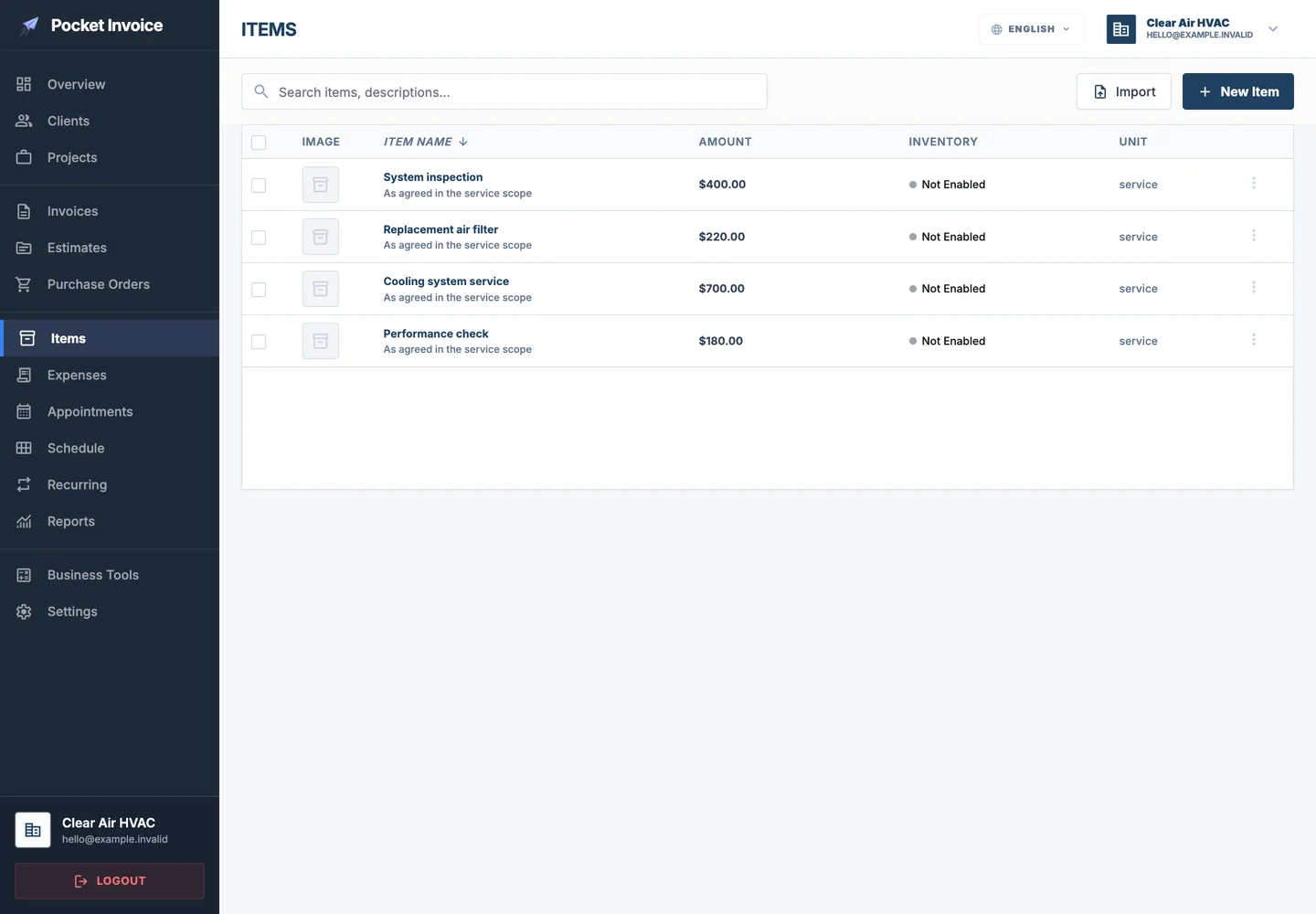 Pocket Invoice — Perkhidmatan dan bahan