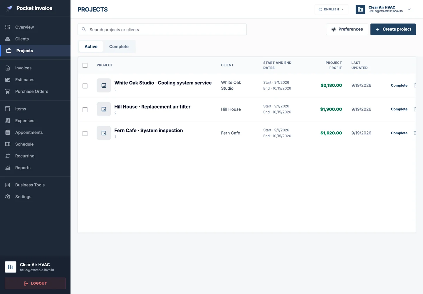 Pocket Invoice — Rekod projek