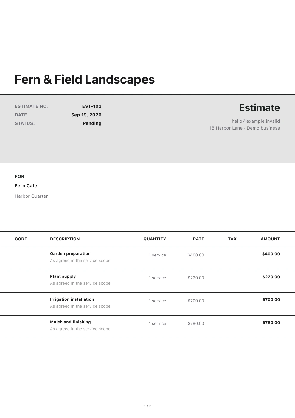 Itemized landscaping estimate