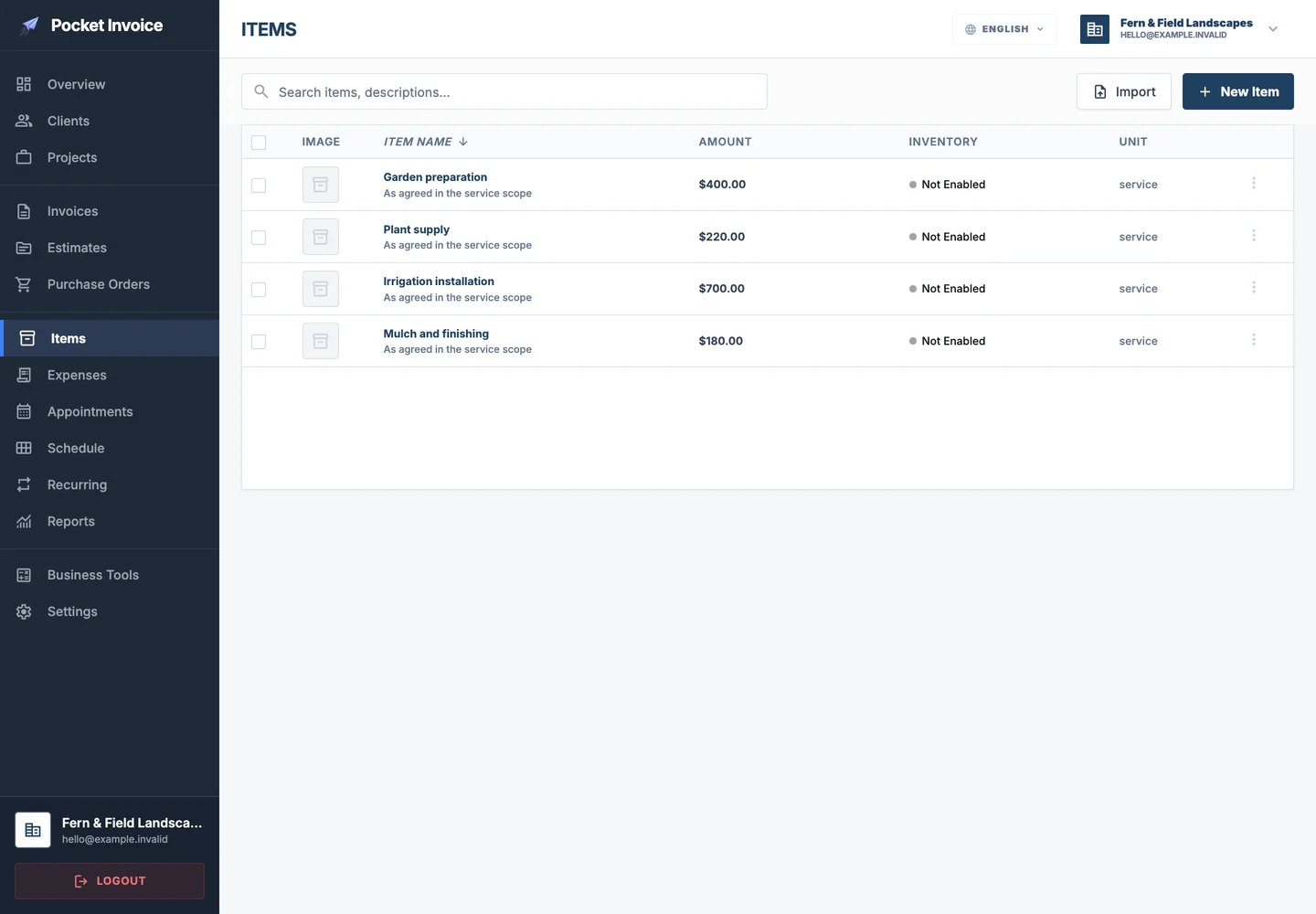 Pocket Invoice — Servicios y materiales