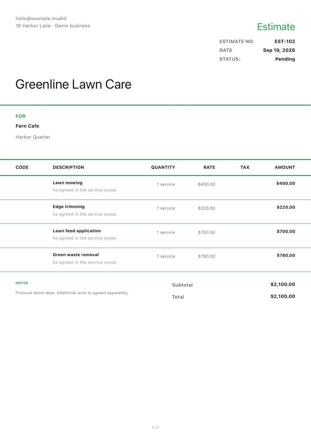 Lawn care — Generated by Pocket Invoice · Demonstration document