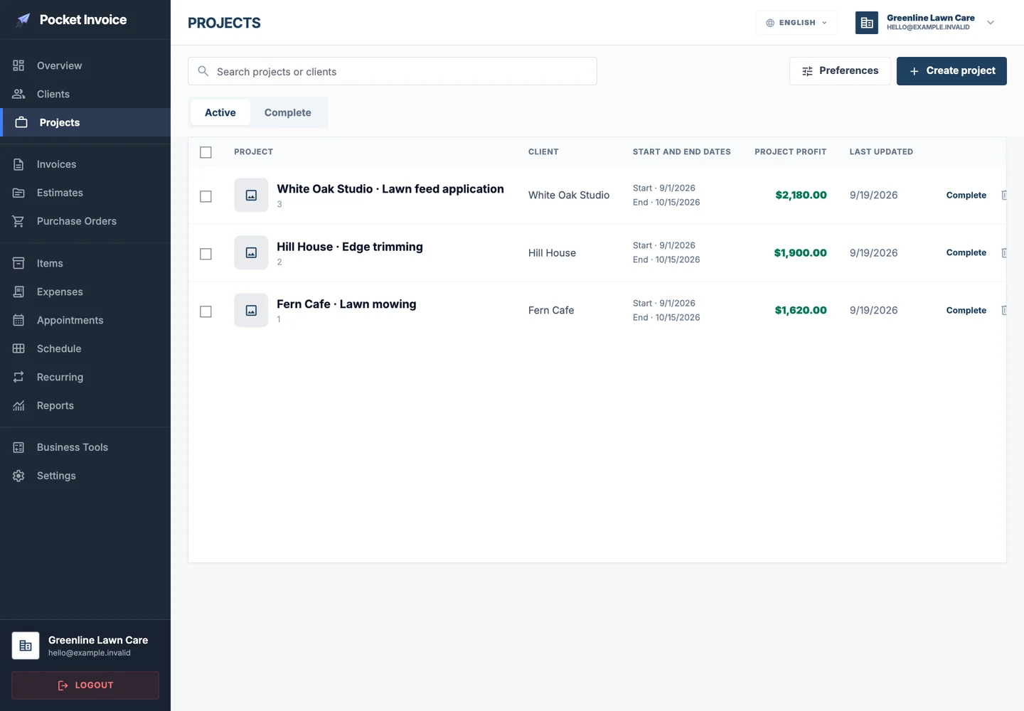 Pocket Invoice — Project records