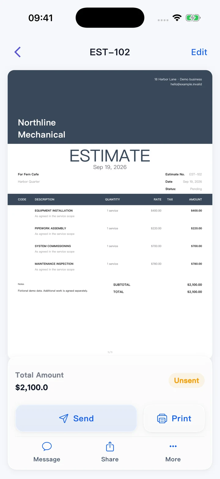 Pocket Invoice — Estimates and quotes