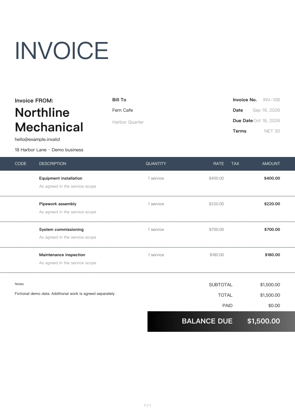 Mechanical contracting — Pocket Invoice