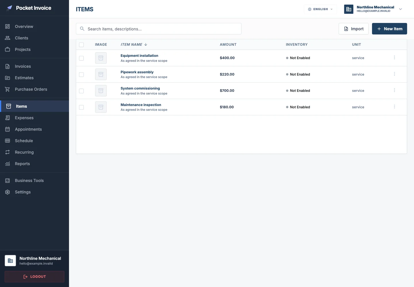 Pocket Invoice — Services and materials