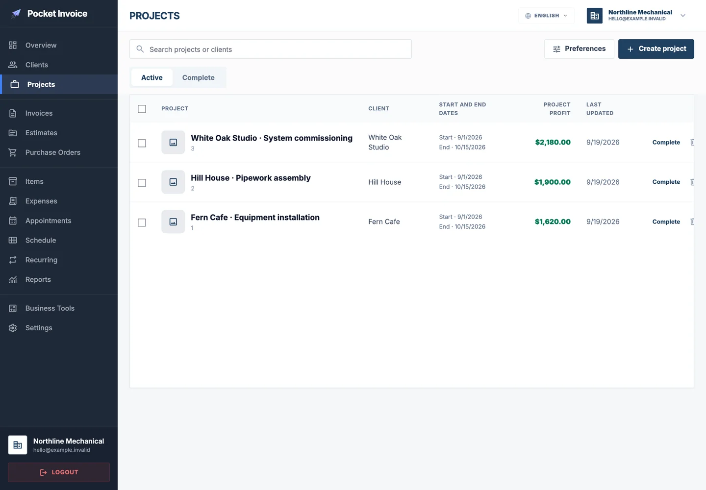 Pocket Invoice — Project records