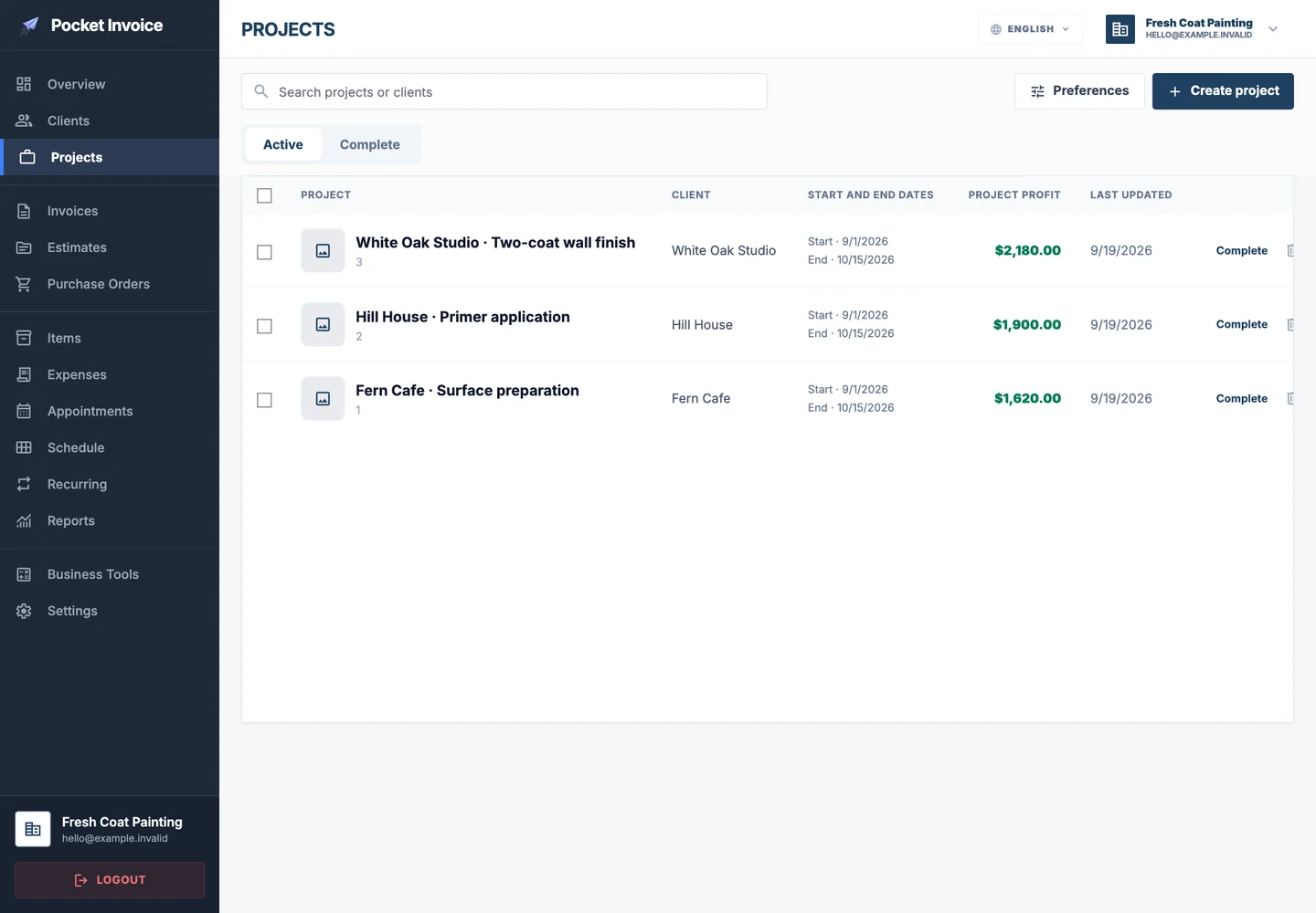 Pocket Invoice — Project records