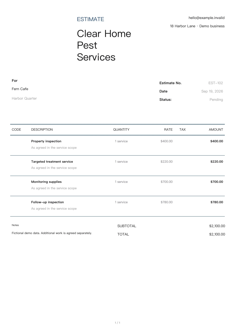 Pest control estimate with service details