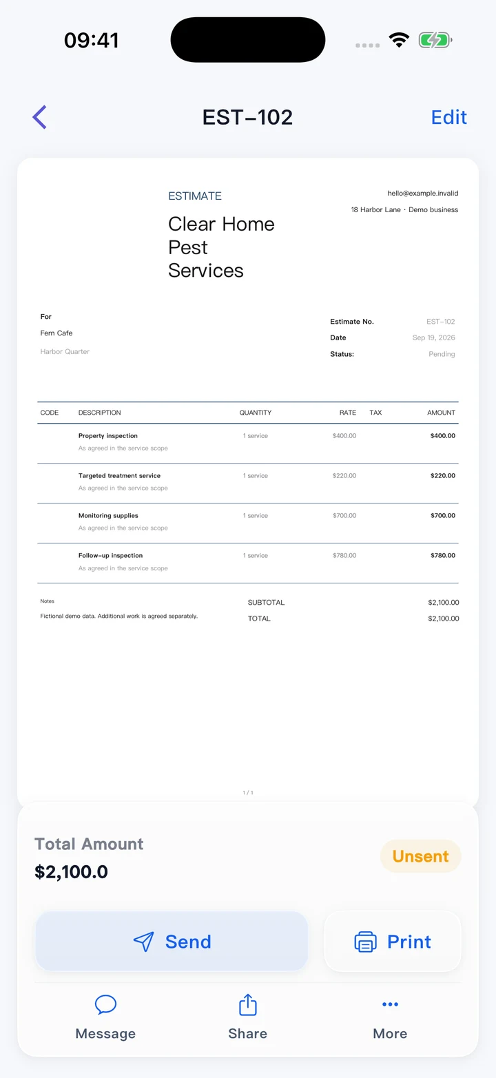 Pocket Invoice — Estimates and quotes
