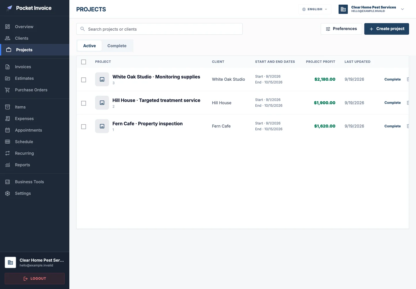 Pocket Invoice — Project records
