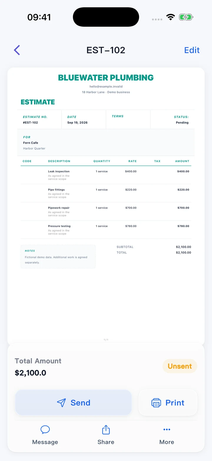 Pocket Invoice — Estimates and quotes