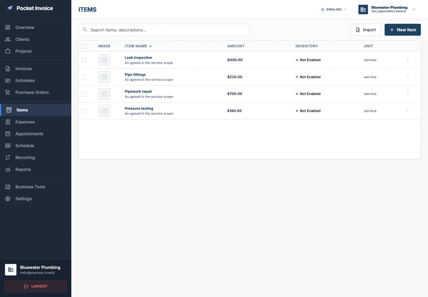 Pocket Invoice — Services and materials