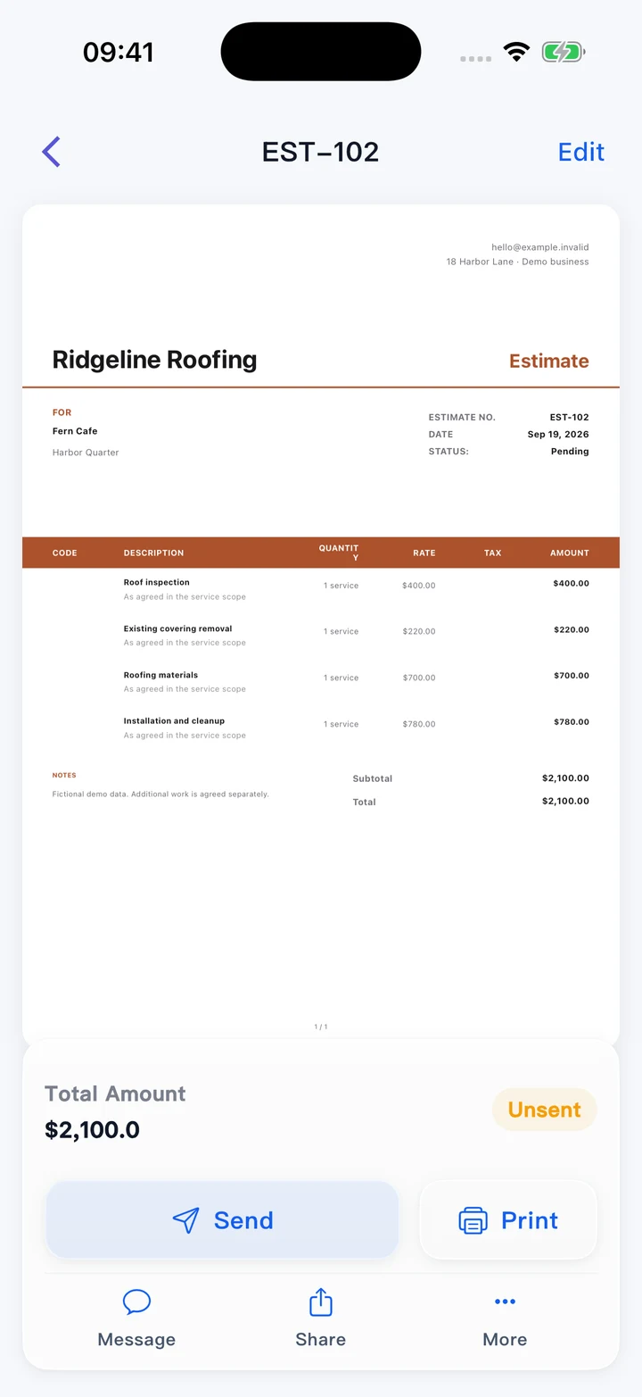 Pocket Invoice — Estimates and quotes