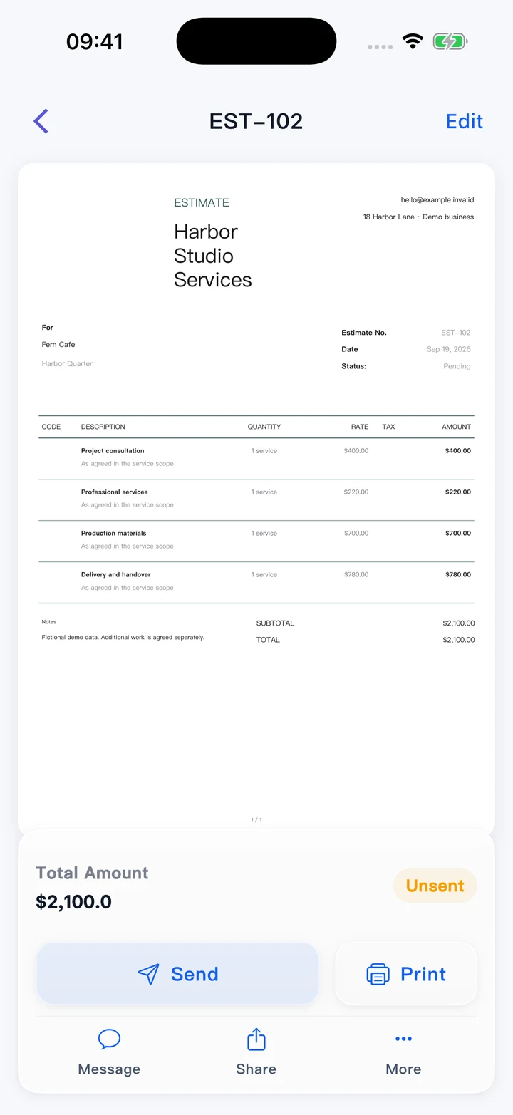 Pocket Invoice — Anggaran dan sebut harga
