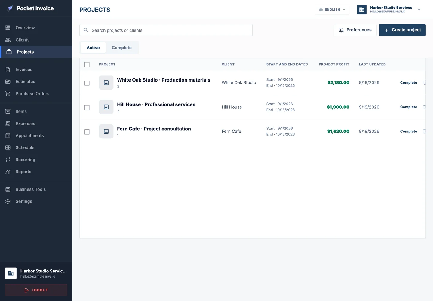 Pocket Invoice — Rekod projek