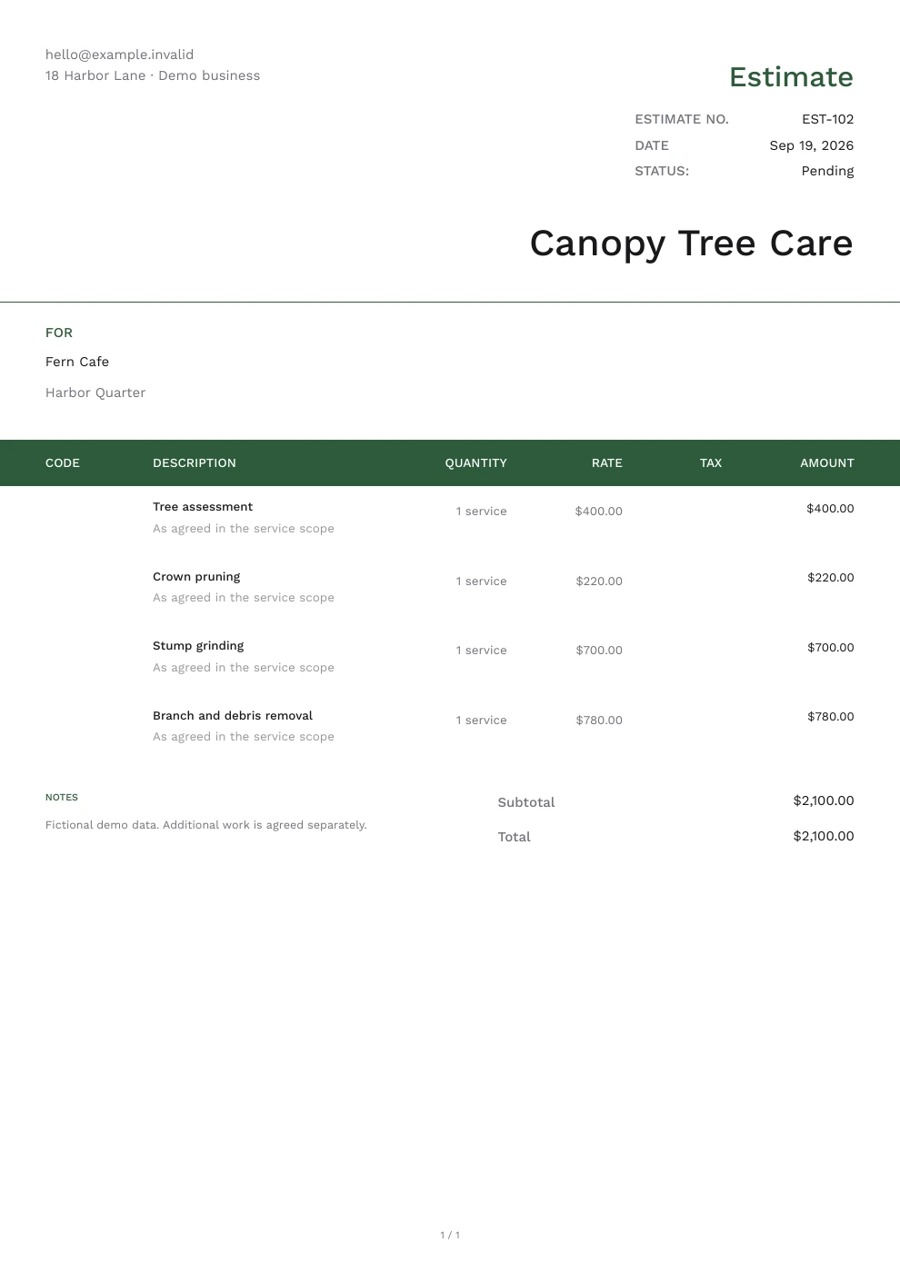 Tree service estimate with itemized work