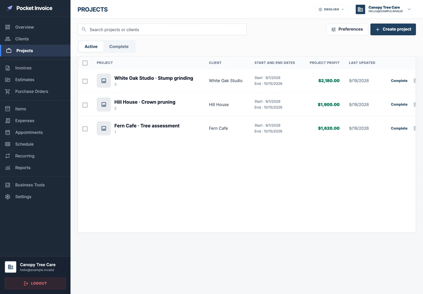 Pocket Invoice — Project records