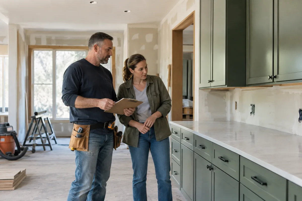 A contractor and homeowner inspecting completed renovation work