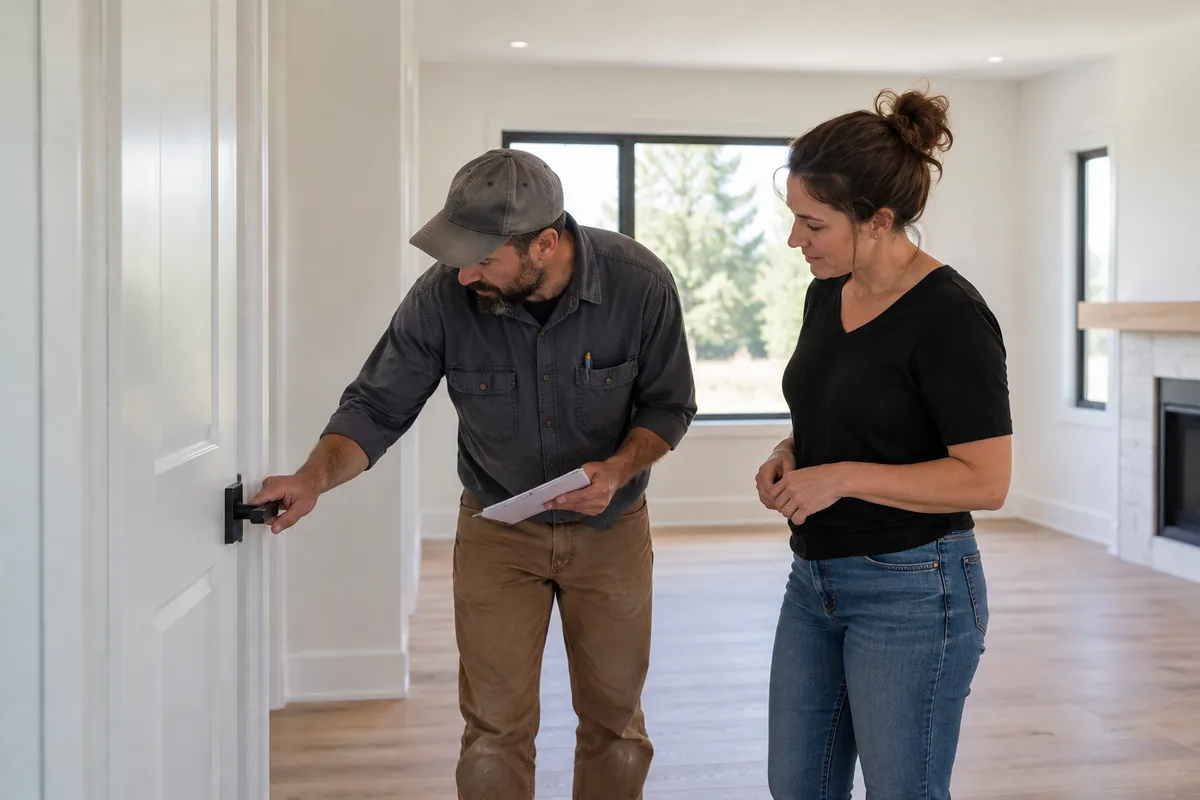 A contractor and owner checking final finishing details