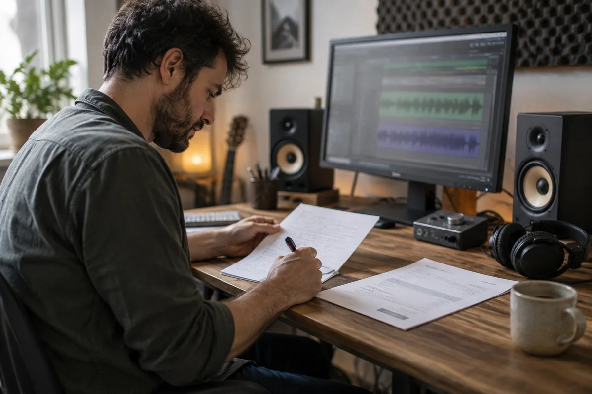 Une personne travaillant dans le montage audio compare ses heures et la facture client