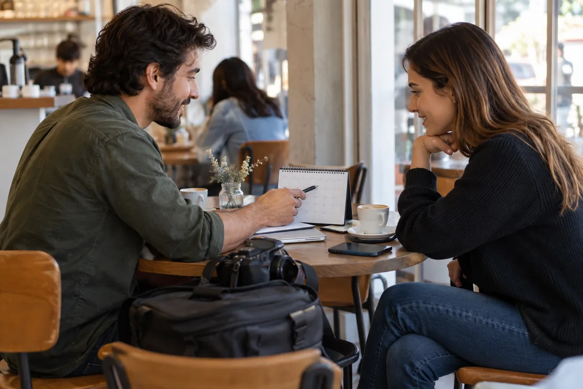 A photographer and client discussing payment dates