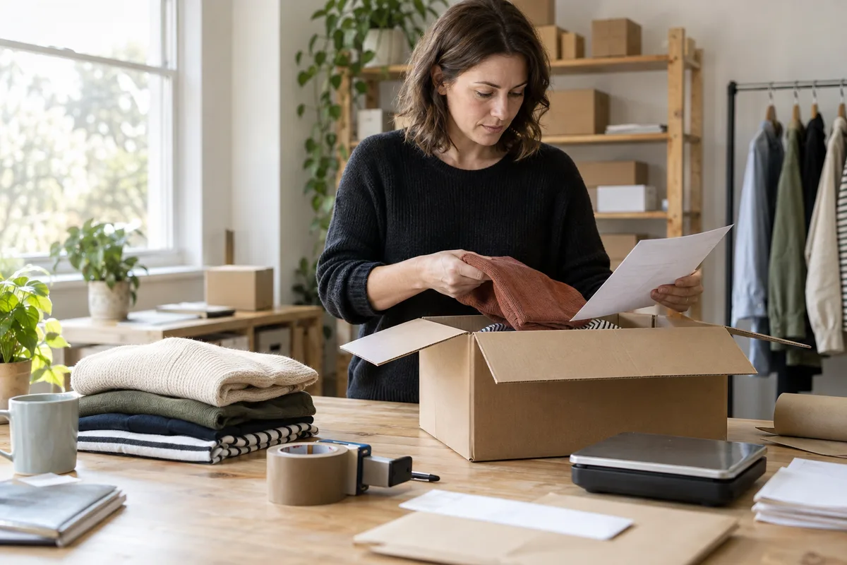 Preparación de mercancías y documentos en una mesa de embalaje